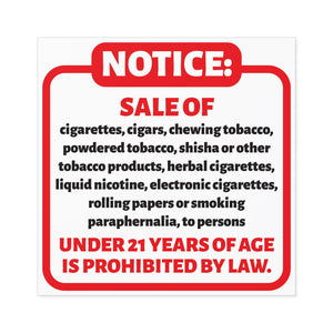 Tobacco Compliance Stickers, Warning Labels, Legal Signage, Indoor/Outdoor Use, Business Signage
