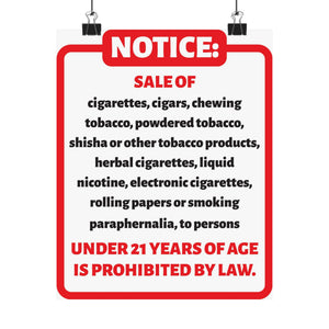Tobacco Regulation 8x10 Poster, Notice Sign for Businesses, Tobacco Compliance