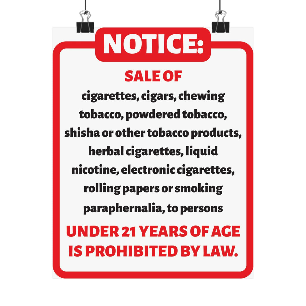 Tobacco Regulation 8x10 Poster, Notice Sign for Businesses, Tobacco Compliance